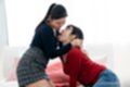 Hayase an kneeling spit swapping with aida miku wearing skirt